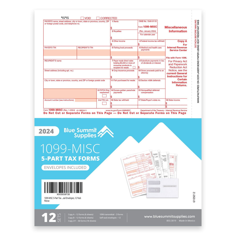 2024 Blue Summit Supplies 1099-MISC 5-Part Tax Form Bundle, with Self-Seal Envelopes, 12 Pack Tax Form Envelopes Blue Summit Supplies 