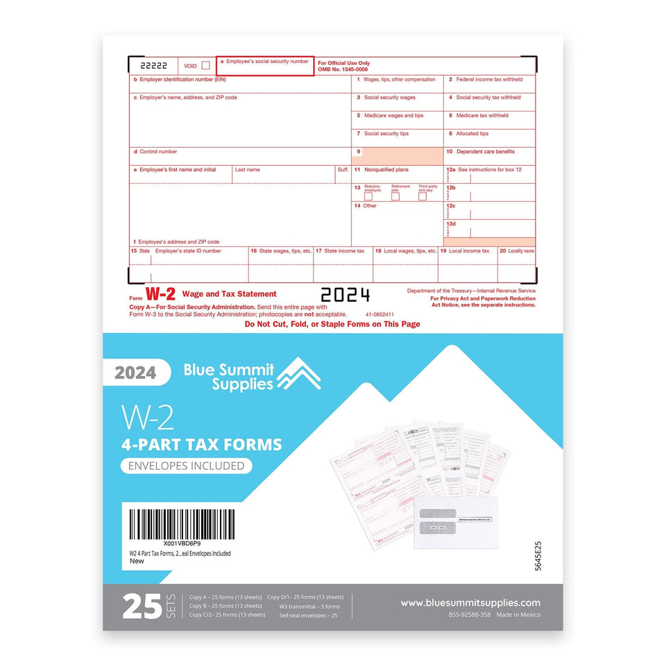 2024 Blue Summit Supplies Tax Forms, W2 4 Part Tax Forms Bundle with Self Seal Envelopes, 25-Count W2 Forms Blue Summit Supplies 