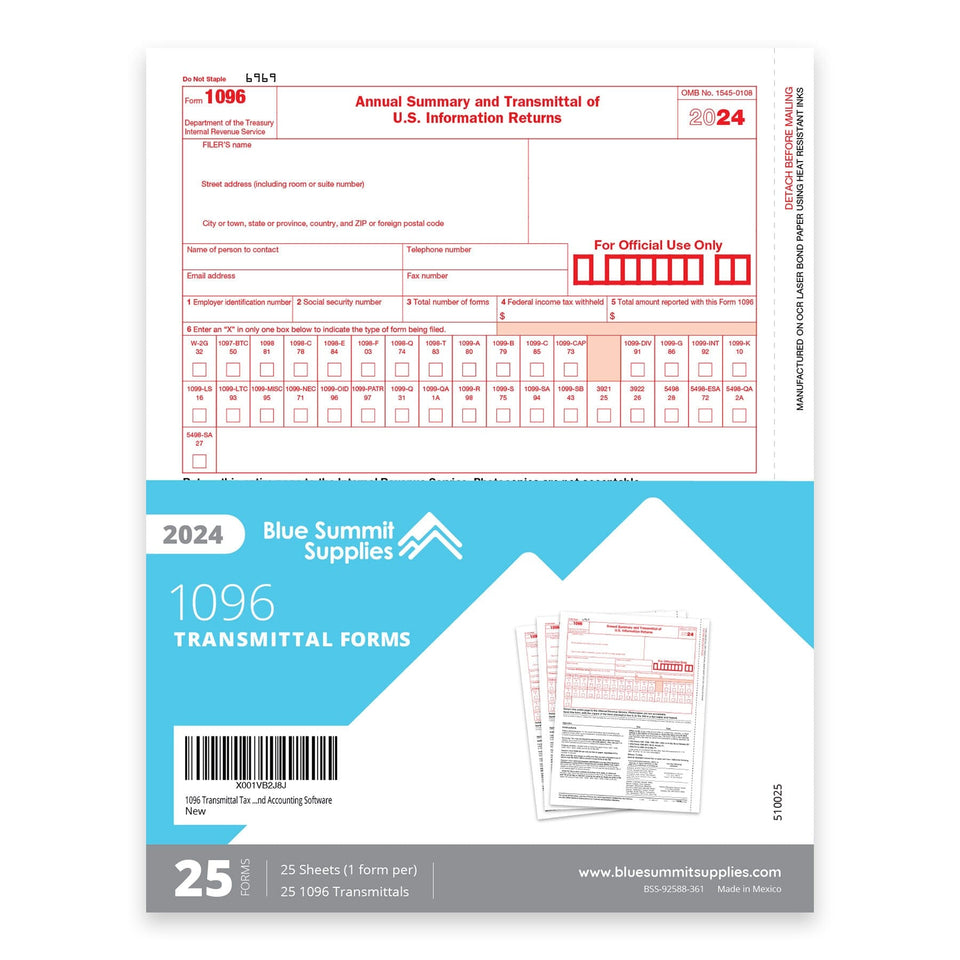 2024 Blue Summit Supplies 1096 Transmittal Tax Forms Summary Laser Forms, Compatible with QuickBooks and Accounting Software, 25 Pack 1096 Forms Blue Summit Supplies 