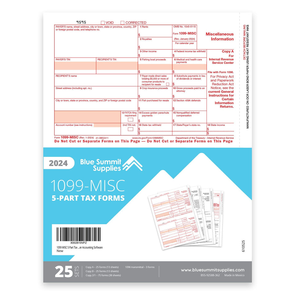 2024 Blue Summit Supplies Tax Forms, 1099 MISC 5 Part Tax Forms Kit, 25 Count 1099 Forms Blue Summit Supplies 