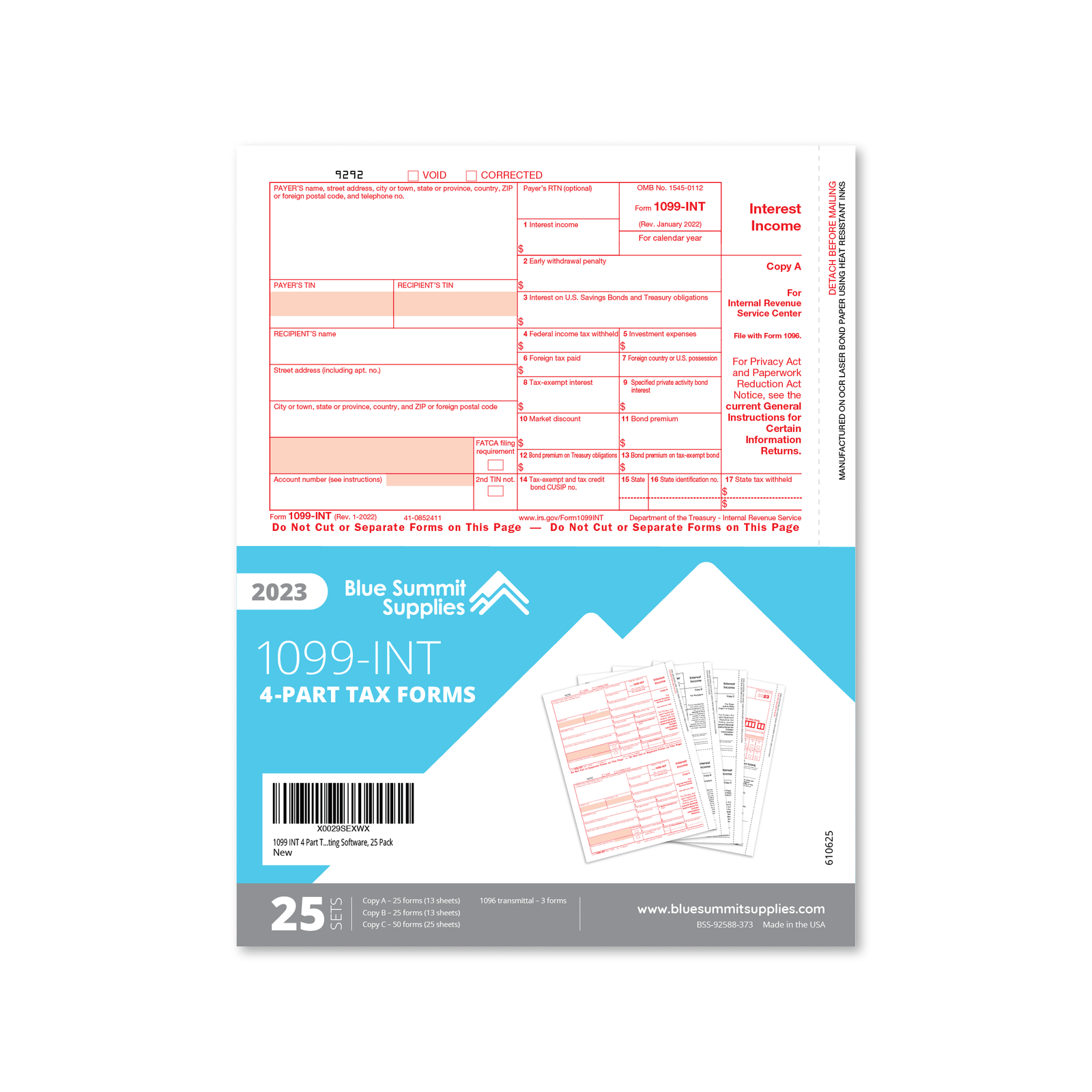 2023 Blue Summit Supplies Tax Forms, 1099 INT 4 Part Tax Forms Kit, 25