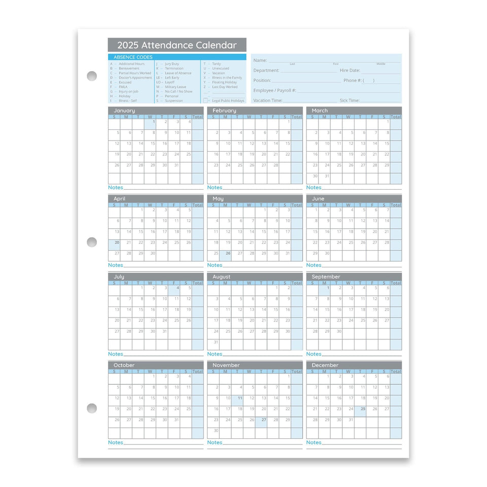 Blue Summit Supplies Employee 2025 Attendance Sheets, Hole Punched, 50 Pack Sign-In Logs Blue Summit Supplies 