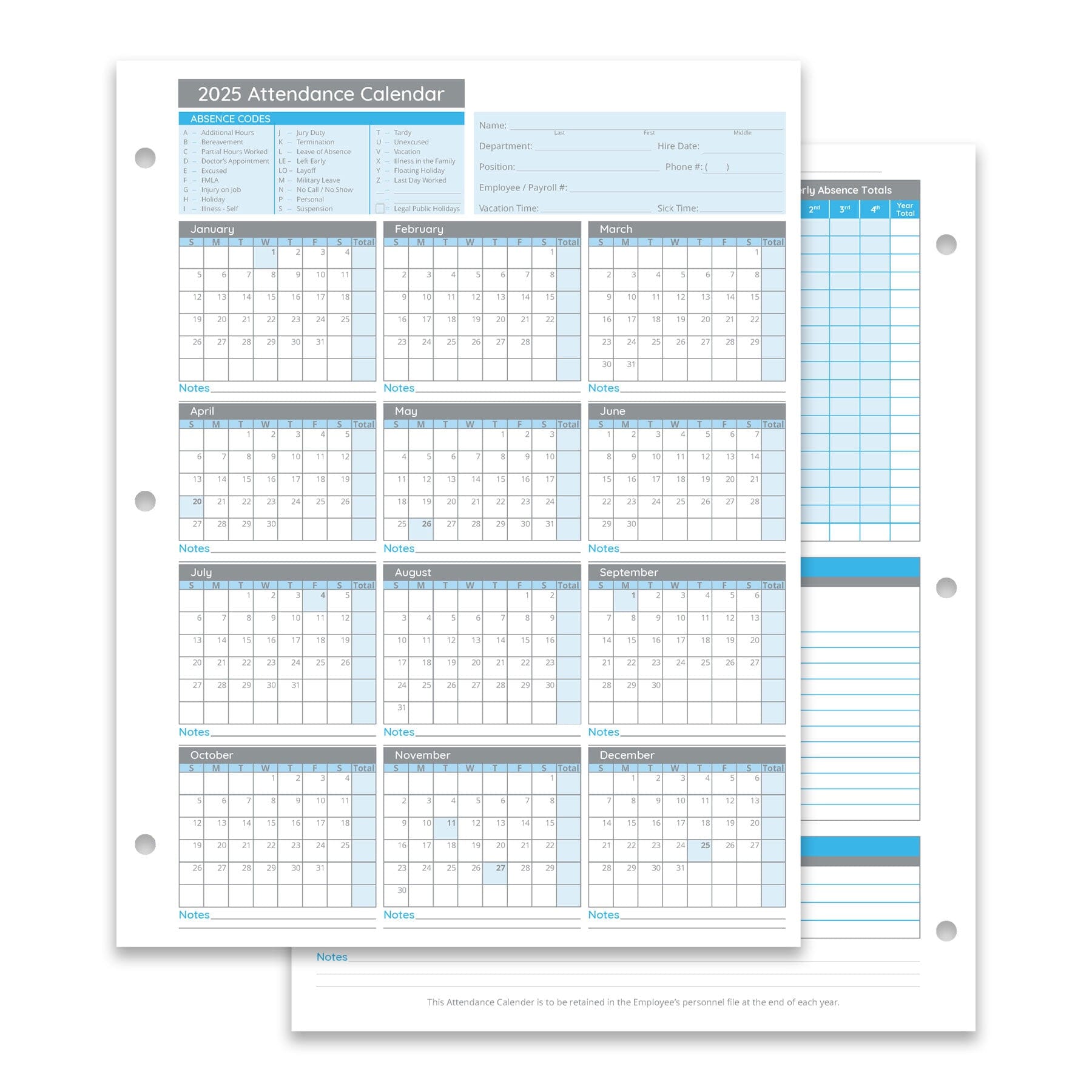 Blue Summit Supplies Employee 2025 Attendance Sheets, Hole Punched, 50