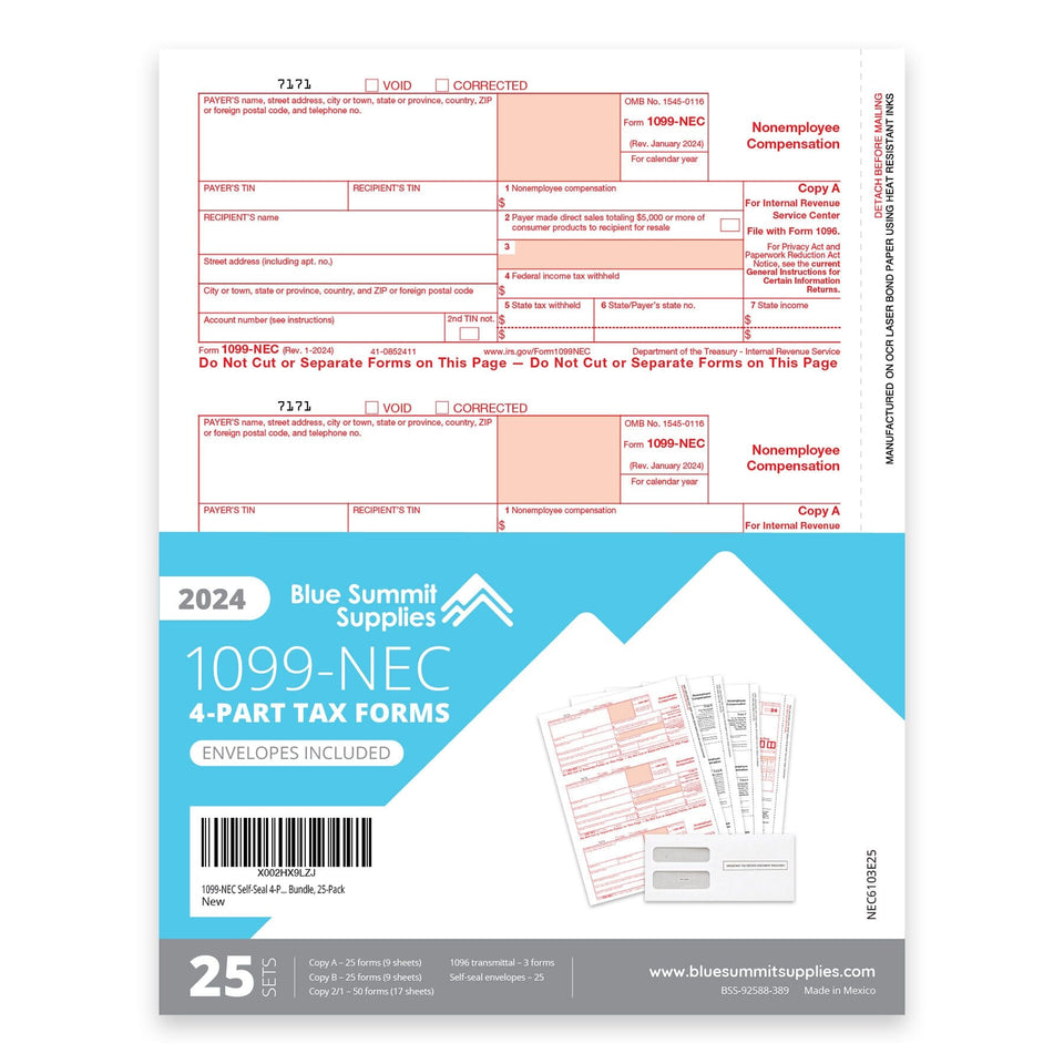 2024 Blue Summit Supplies Tax Forms, 1099-NEC Self-Seal 4-Part Tax Form BUNDLE, 25-Pack 1099 Forms Blue Summit Supplies 