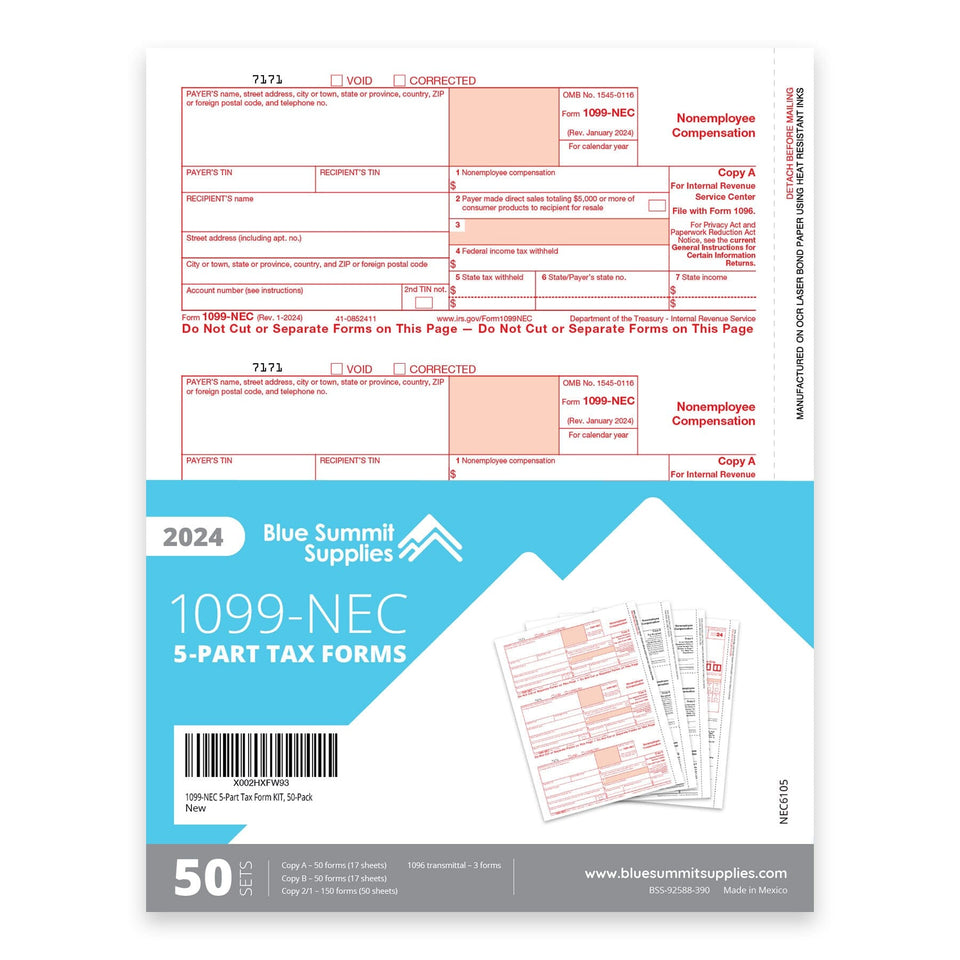 2024 Blue Summit Supplies Tax Forms, 1099-NEC 5-Part Tax Form KIT, 50-Pack 1099 Forms Blue Summit Supplies 