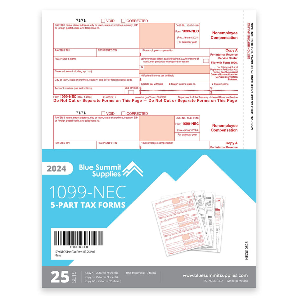 2024 Blue Summit Supplies Tax Forms, 1099-NEC 5 Part Tax Form KIT, 25-Pack 1099 Forms Blue Summit Supplies 