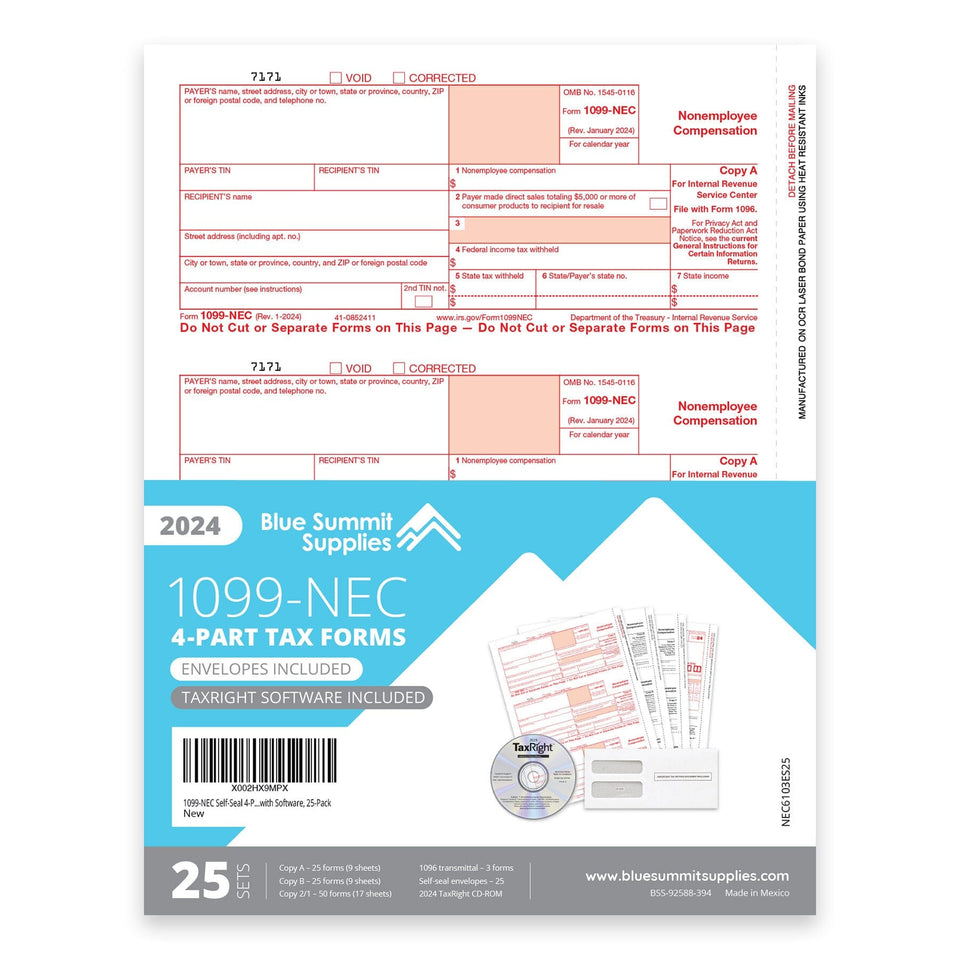 2024 Blue Summit Supplies Tax Forms, 1099-NEC Self-Seal 4-Part Tax Form BUNDLE, with Software, 25-Pack 1099 Forms Blue Summit Supplies 