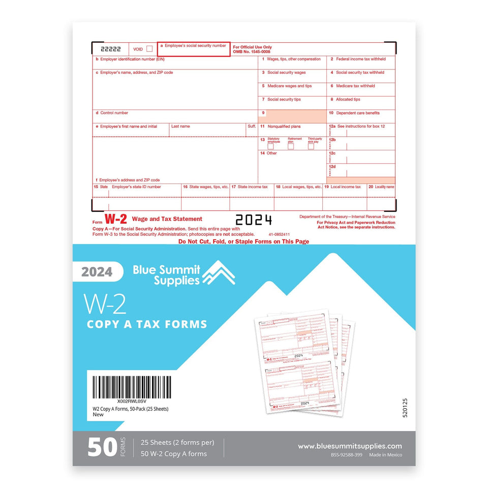 2024 Blue Summit Supplies Tax Forms, W2 Copy A Forms, 50-Pack (25 Sheets) W2 Forms Blue Summit Supplies 