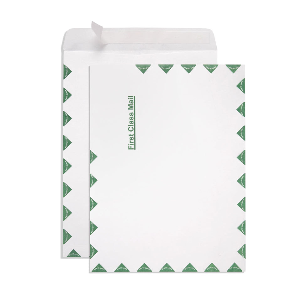 Blue Summit First-Class Tyvek Envelopes, 10 x 13 Redi-Seal Envelopes, White Tyvek with Center Seam and Green First-Class Markings, 100 Envelopes Blue Summit Supplies 