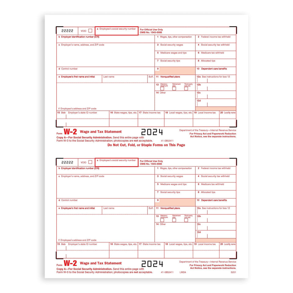 2024 Blue Summit Supplies Tax Forms, W2 4-Part Tax Forms Kit, 25 Forms W2 Forms Blue Summit Supplies 