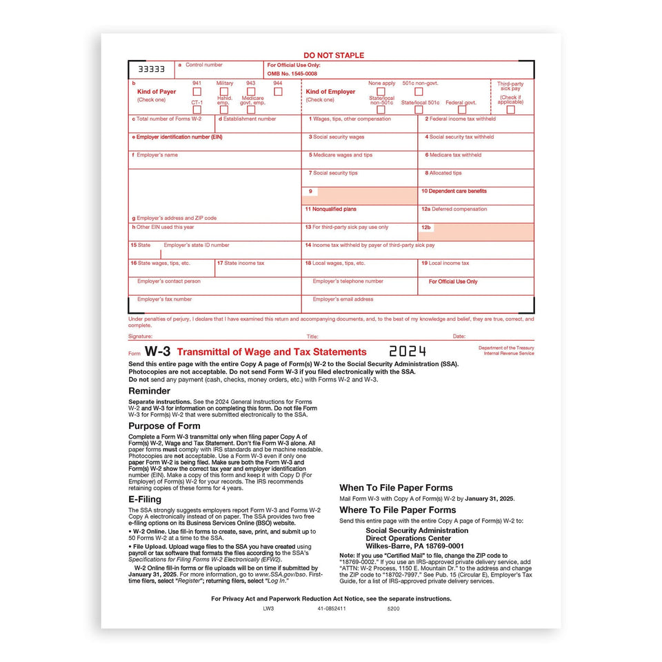 2024 Blue Summit Supplies Tax Forms, W2 4 Part Tax Forms Bundle with Self Seal Envelopes, 25-Count W2 Forms Blue Summit Supplies 